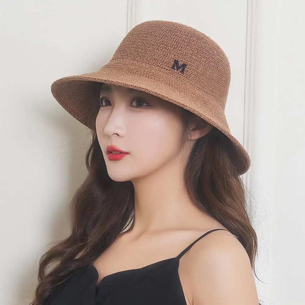 

Women Bucket Hat Hollow Out Super Summer Sun Cap Breathable Braided Letter Decor Fisherman Cap Lady Sun Hat Female Headwear