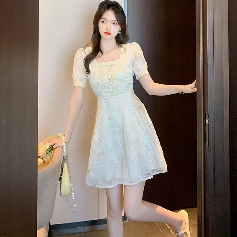 

Summer White Jacquard Chic Lace Sexy Mini Dress Women Fashion Elegant Office Lady Dress 2023 Korean Bodycon Party Evening Dress