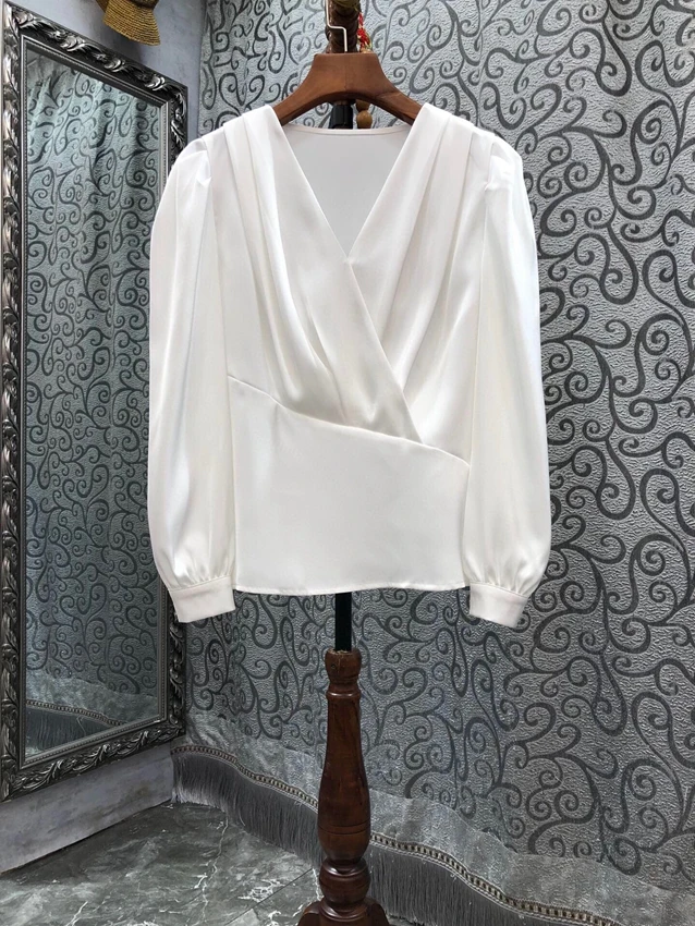

2023 new women fashion bubble long sleeve sexy casual v neck simple top shirt 1218