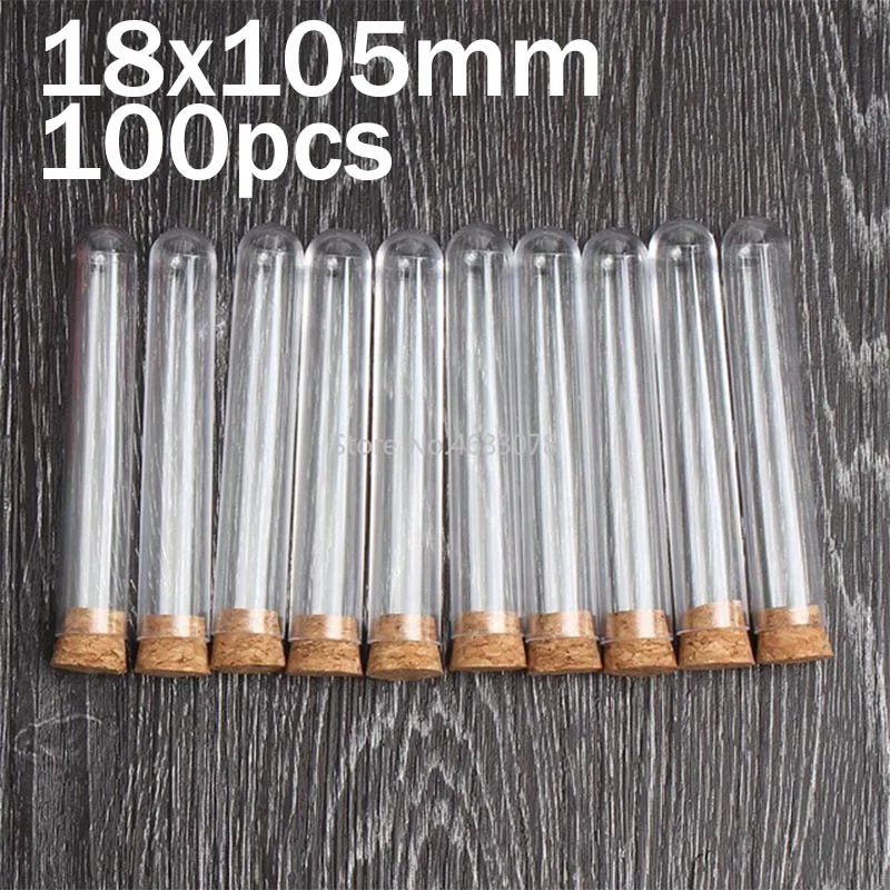 100pcs/lot 18x105mm Plastic Test Tube With Cork Stopper Clear Like Glass, Laboratory School Educational Supplies