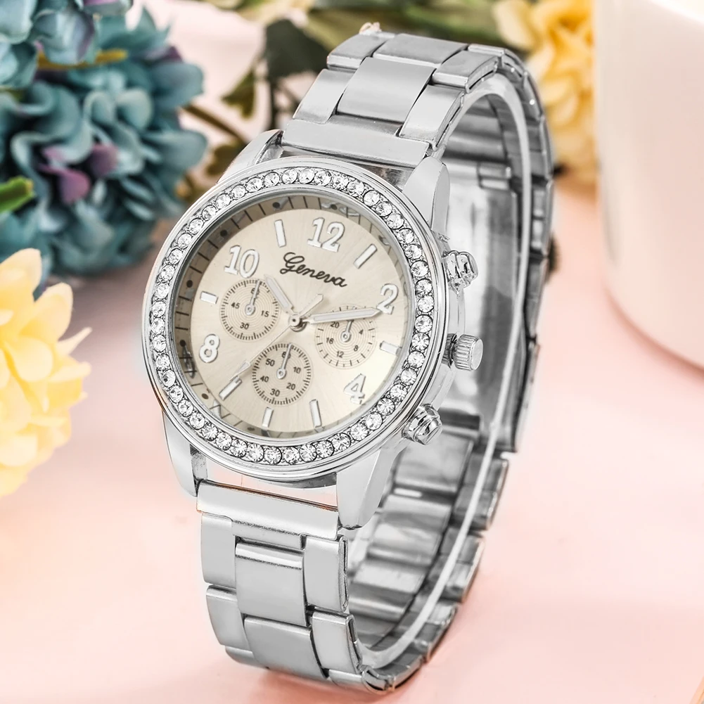 2022 New Advanced Sense Quartz Watch for Women Alloy Strap Geneva Fake Three Eye Noble Diamond Inlaid Watches Birthday for Wife images - 6