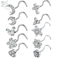 zs 1pc 20g stainless steel nose piercingt star heart cross rose cz crystal nose stud screw s shaped nostril piercings jewelry