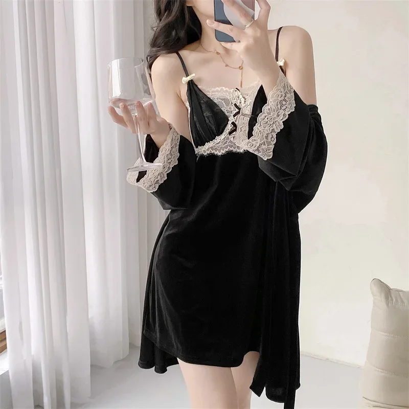 Осенняя бархатная Женская одежда для сна отдыха сексуальный розовый комплект из