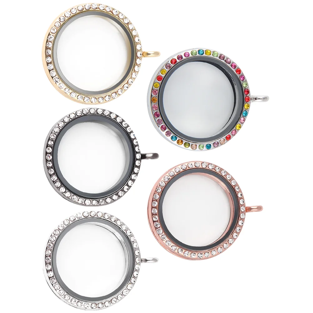 

5PCS Openable Photo Case Pendant Alloy Photo Pendant Delicate Rhinestone Inlaid Pendant Round Souvenir Photo Pendant Crafts for