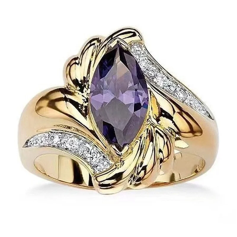 

Fashion Gold Color Amethyst Flower Rings for Women Bride Wedding Engagement Ring Birthday Party Anniversary Gift Jewelry