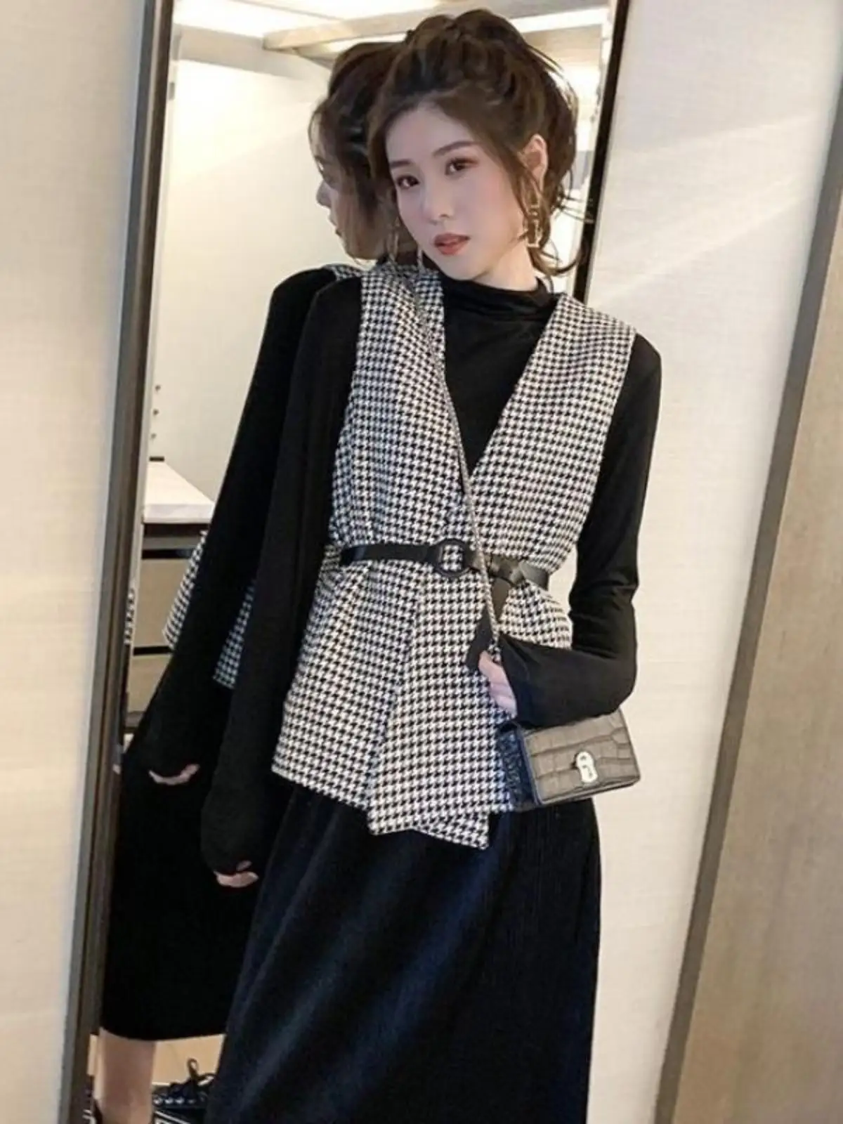 New British Sle Houndstooth Woolen Vest Women Autumn V-neck Loose Slimming Western Sleeveless Outerwear