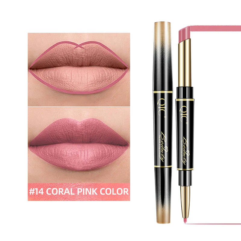 Pink 2 In 1 Lipstick Pen Matte Lip Liner Waterproof Long-Lasting Lipliner Non-Fading Non-Stick Cup Lip Gloss Makeup Cosmetics