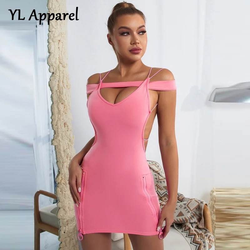 

Pink Dress Summer Slash Neck Off Shoulder Backless Bandage Bodycon Package Hip Zipper Slip Party Nightclub Mini Evening Dress