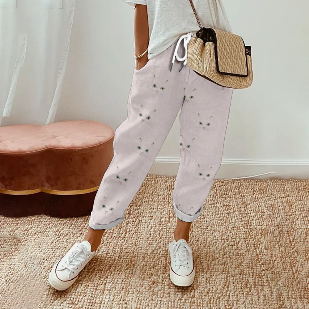 Брюки женские с завышенной талией повседневные штаны животными на завязках