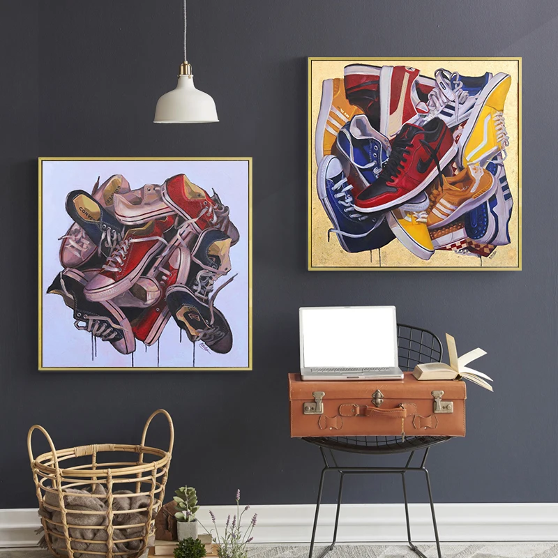 

Pop Art Sports Shoes Painting Printed on Canvas Sneakers Posters and Prints Stacked Shoes Wall Art for Living Room Decor Cuadros