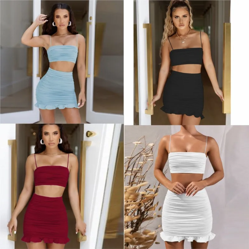 

Beach Pareo For Women Beachwear Dress 2023 Cover Up Summer New Ladies Two Piece Sling Vest Fold Sexy Skirt Solid Polyester