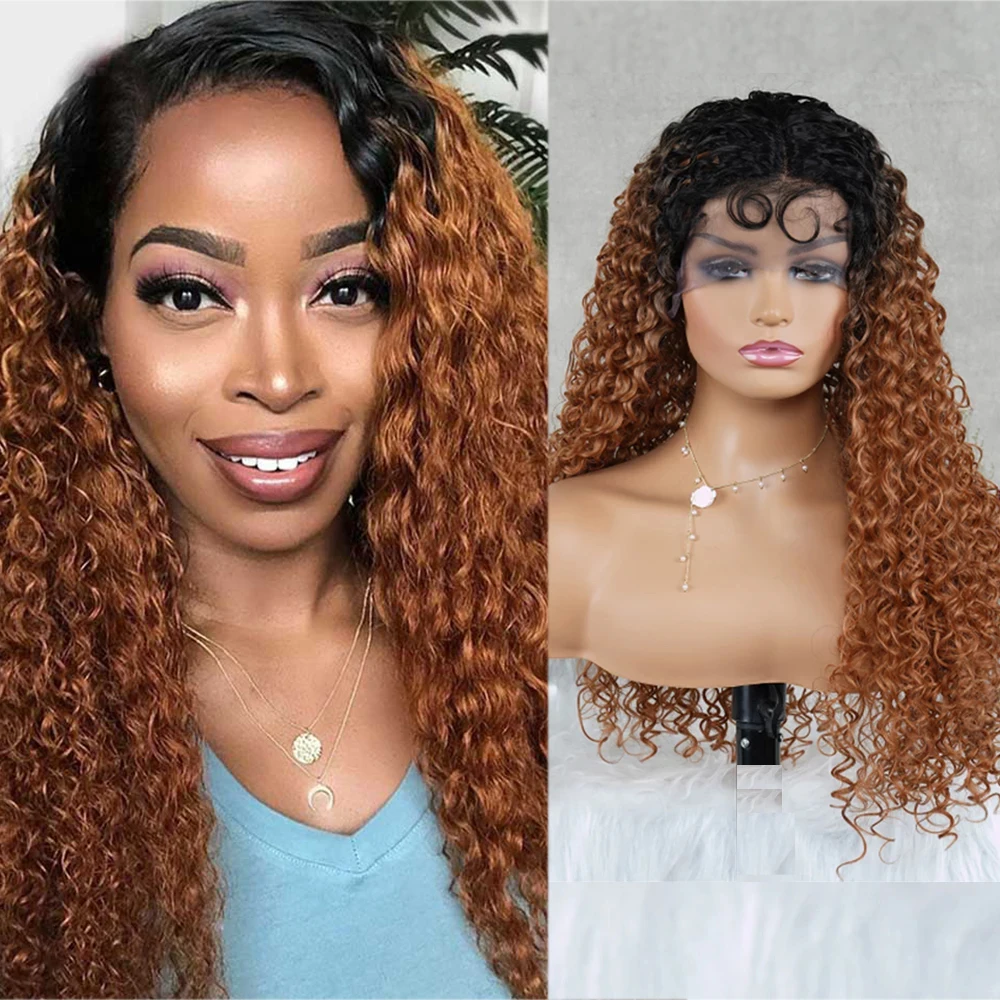 

Afro Kinky Curly Wig Curly Lace Wigs 1b/30 Dark Root Ombre Brown Synthetic Wigs for Balck Women Pre Plucked with Baby Hair Party