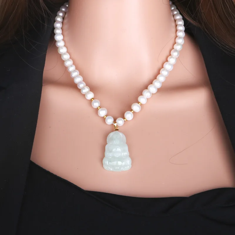 

Natural Fresh Water Pearl Necklace Women 925 Sterling Silver Guanyin Chalcedony Jade Pendant Bracelet Fashion Jewelry Sets