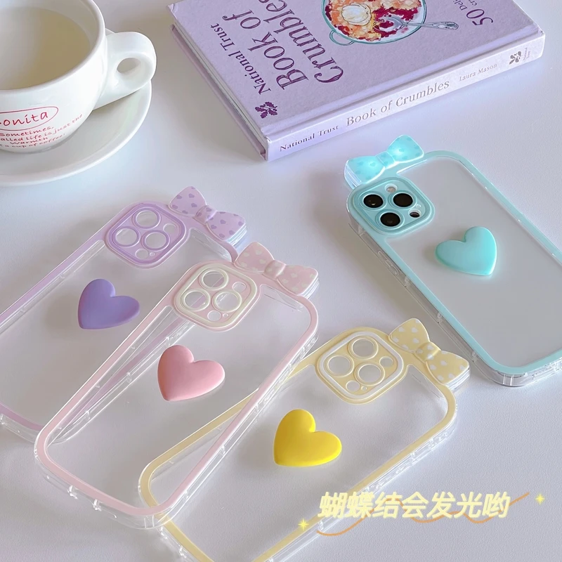 

Korea Cute Glowing Bow Colorful Love Heart 3D Transparent Phone Case For iPhone 11 12 13 Pro Xs Max Xr X Soft Silicone Cover