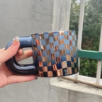 ceramic mug nordic gold checkerboard grid tea cup creative big handle coffee mug home bar decoration drinking utensils water cup