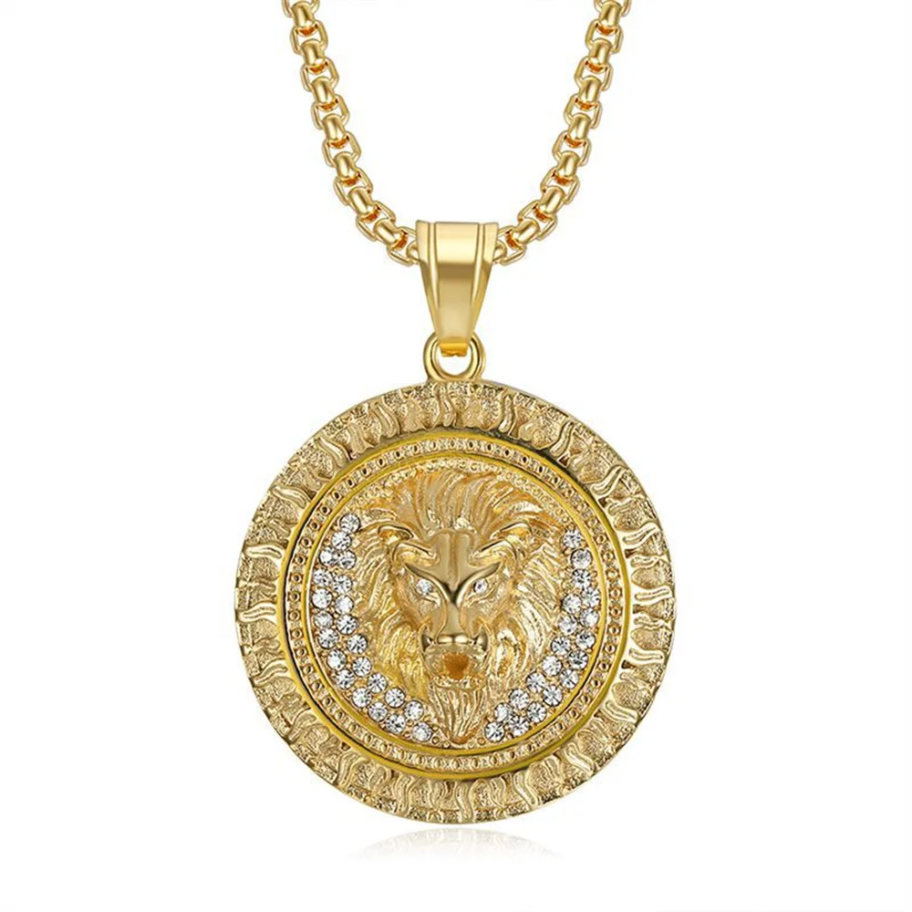 Купи Mens Lion Head Necklace Pendant With Chain Male Gold Color Stainless Steel Round Animal Necklace Hip Hop Jewelry Dropshipping за 587 рублей в магазине AliExpress