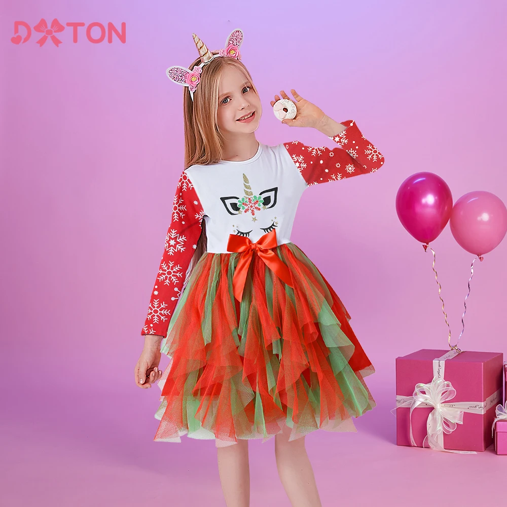 Dxton Зимнее Платье Длиной До Колена Для Девочек С Принтом Снежинок Кружевная