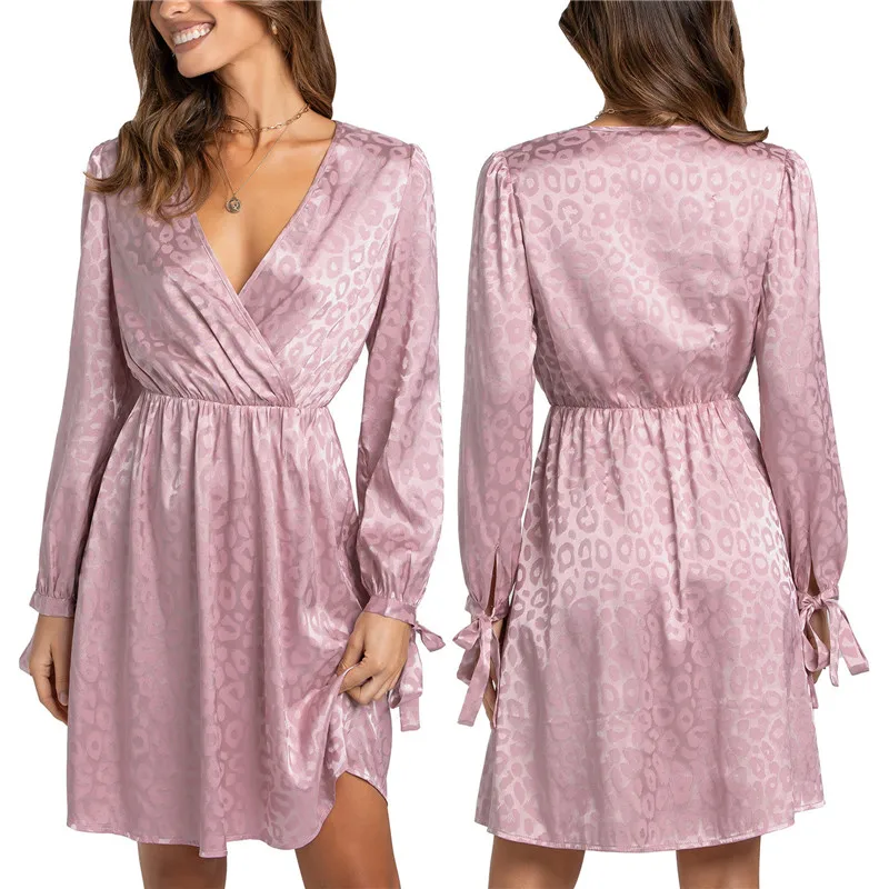 

Women Casual Dress Leopard Printed Long Sleeve V-Neck Elastic High Waist Bandage Short Dress Ladies A-line Dresses Summer 2022