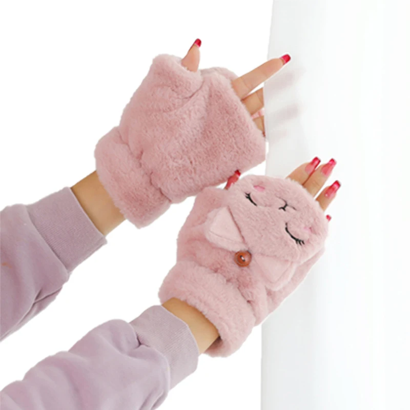 

New Cute Cat Bear Rabbit Fur Mittens Women Winter Gloves For Girls Animal Ear Flip Plush Fingerless Gloves Thicken Warm Mitten