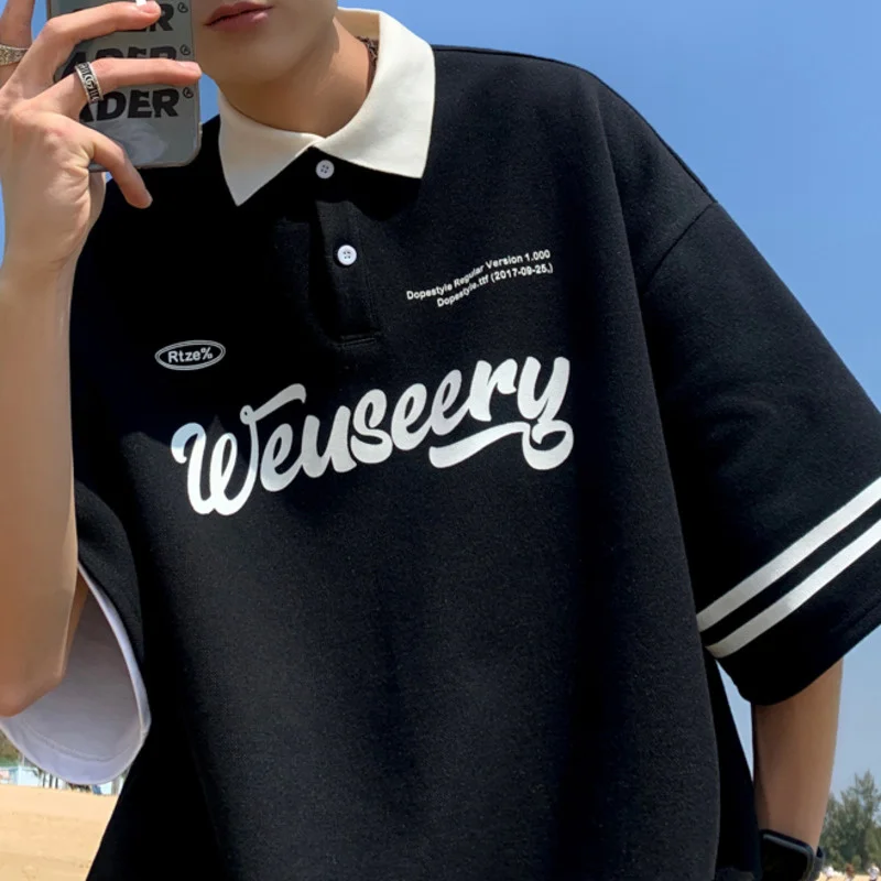 

Turn Down Collar Men's T-shirts Fashion Loose Korean Clothing Short Sleeve Hip Hop Casual Male Letter Graphic Tops