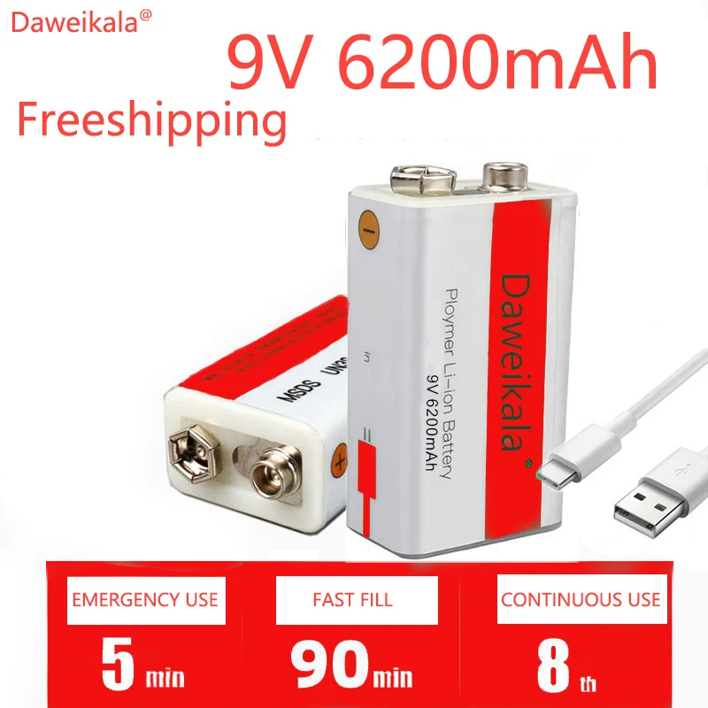 

Литий-ионный аккумулятор 9 в 6200 мАч для быстрой зарядки, Батарея Micro USB 9 В, мультиметр, микрофон, игрушка, литиевый + USB-кабель для зарядки