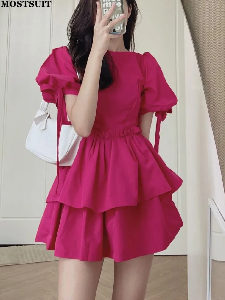

Женское мини-платье с оборками, элегантное винтажное платье с рукавами-фонариками и шнуровкой, модель 2022 в Корейском стиле