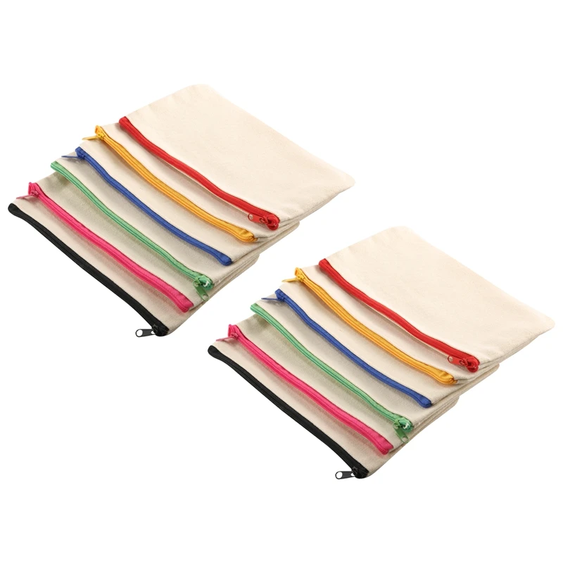 12 Pack Blank Canvas Makeup Bag,Bulk Cosmetic Bags With Multi-Color Zipper,Canvas Zipper Pencil Case Pouch,DIY Craft