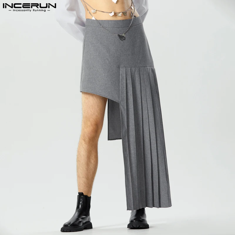 

INCERUN Men Irregular Skirts Solid Pleated Zipper 2023 Casual Men Bottoms Streetwear Personality Fashion Unisex Skirts Trousers