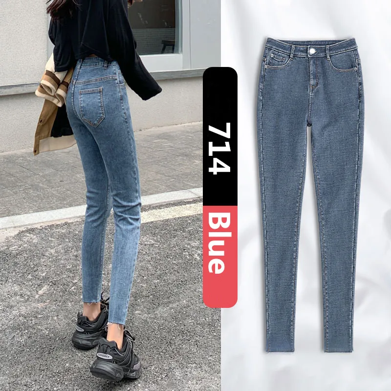 

Plus Size Jeans Female Denim Jeans Womens Skinny Pants Slim Pants High Waisted Stretch Jeans Blue Retro Washed Trousers 714