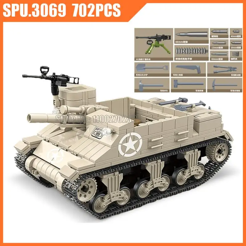 

100102 702pcs Military Army Ww2 Us M7 Priest Tank Self-propelled Artillery M7b1 3 Soldiers Weapon Boy Building Blocks Toy