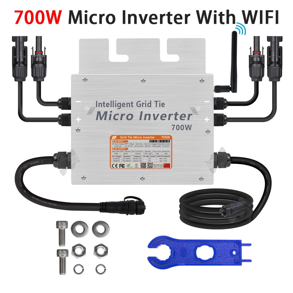 

Solar Grid-On Inverter With WiFi Function 700Watts DC18-50V to AC 80-260V Grid-Tie Pure Sine Microinverter IP67 for Solar Panels
