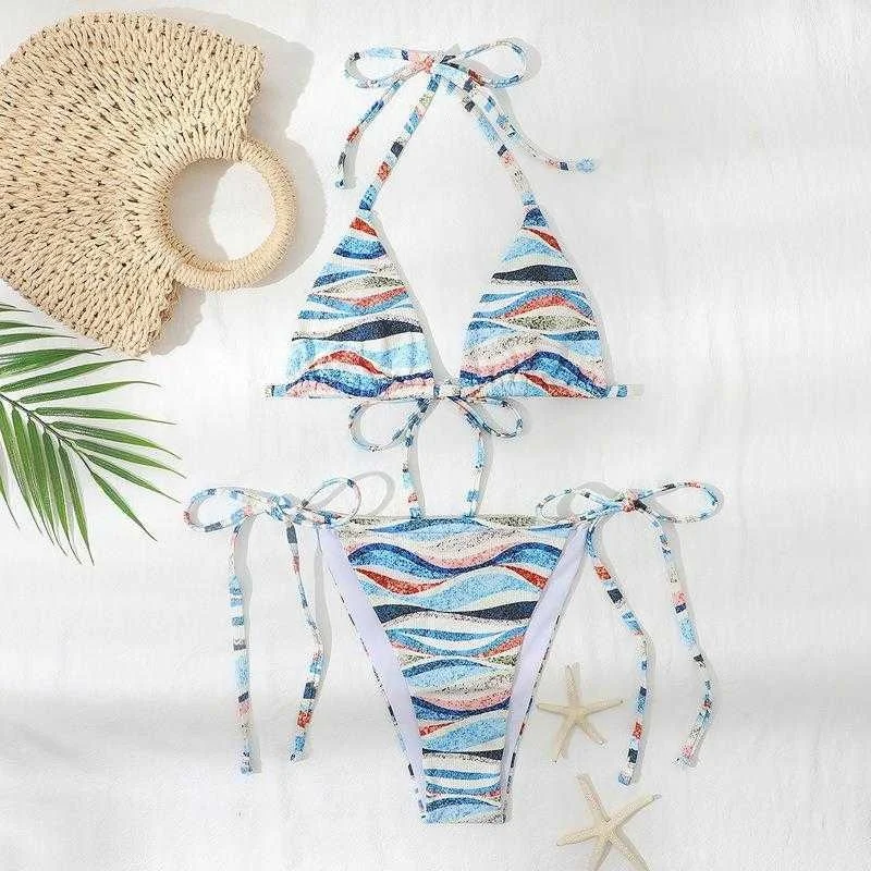 

Sexy Swimsuit Womens Halter Strap Triangle Split Bikini Striped Three Point 21