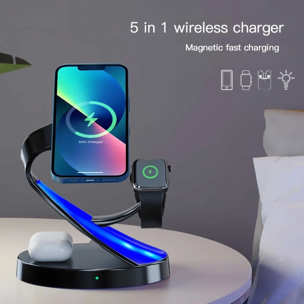 

Магнитные беспроводные зарядные устройства типа S 5 в 1 для iPhone 14 13 Pro iwatch AirPods 15 Вт, быстрая Беспроводная зарядка со светодиодной подсветкой