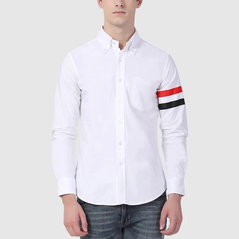 TB THOM Men's Shirt Clothing Solid White Top Fashion Brand RWB Bar Stripes Slim Casual Oxford Cotton Long Sleeve Women's Shirts