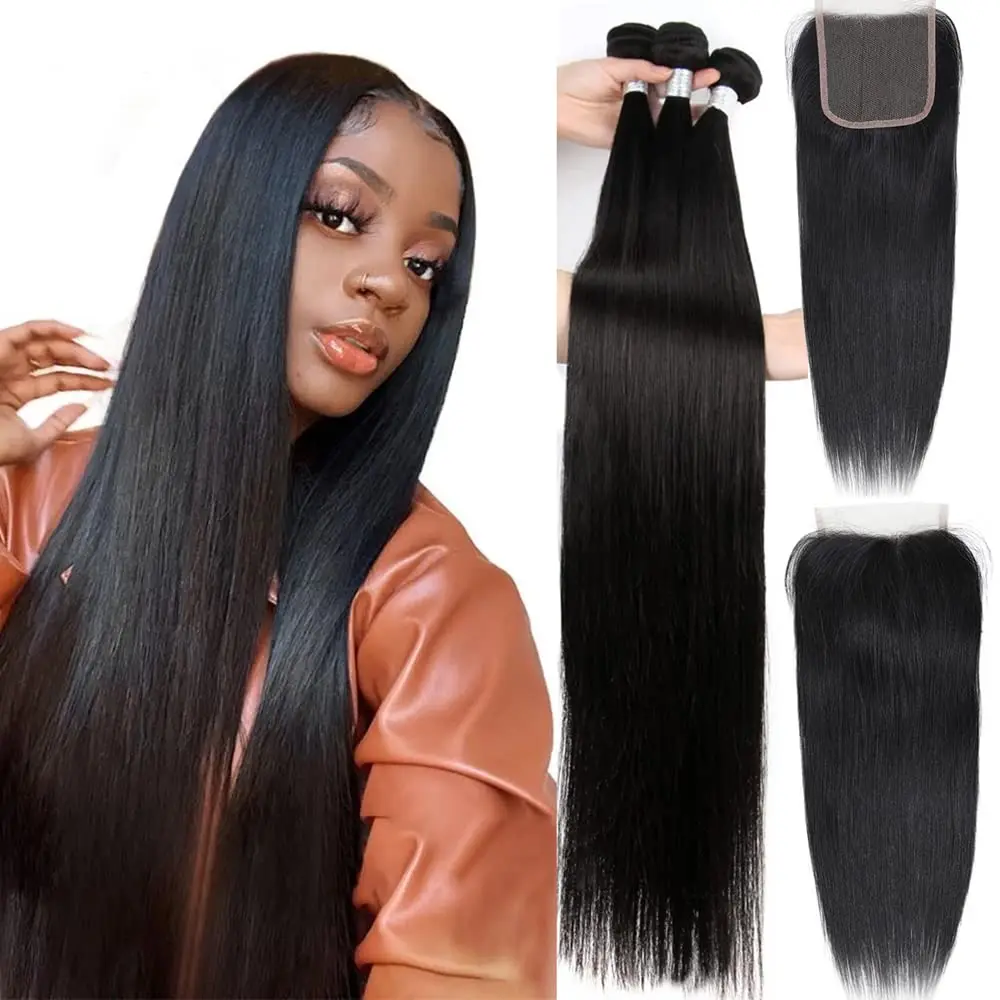 

Straight Hair Bundles with Closure Human Hair Natural Color 100% Unprocessed Brazilian Virgin Hair Extensions for Black Women