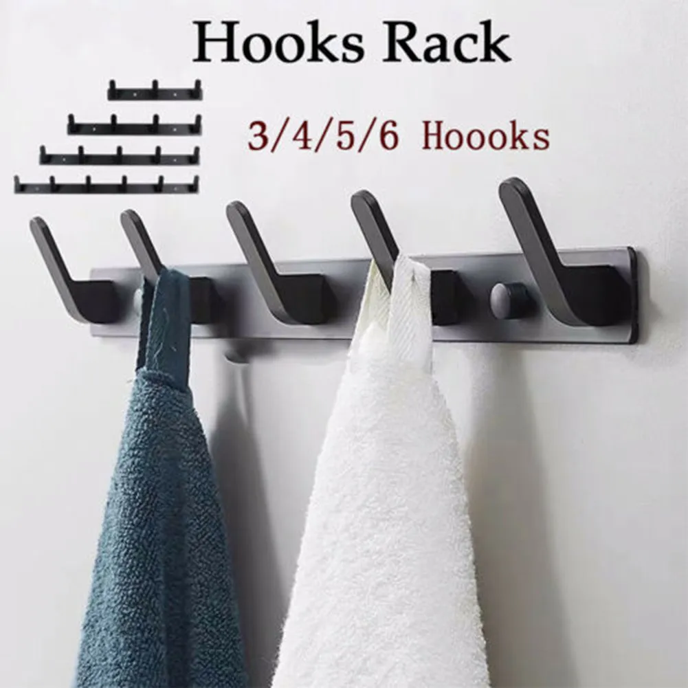 Black Space Aluminum Hook Wall Mounted 3-6 Hooks Coat Clothes Door Holder Rack Wall Hanger Laundry Room Bathroom Accessories