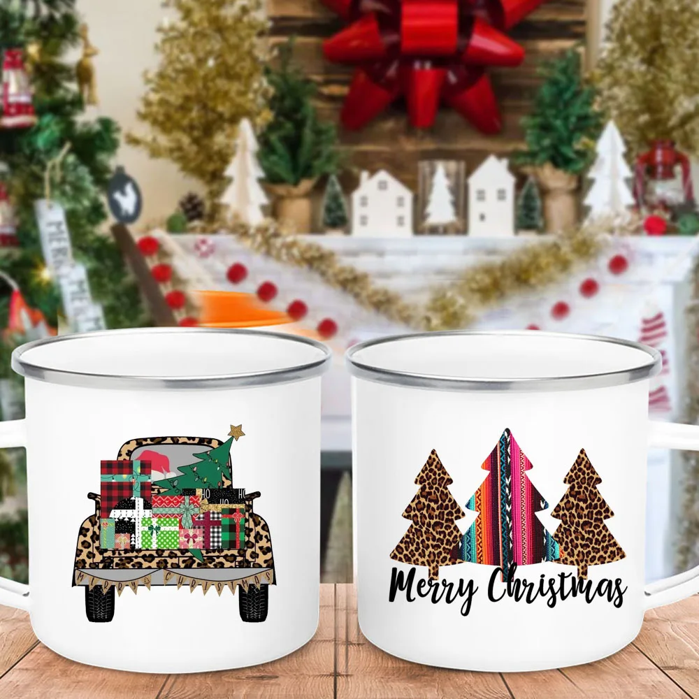 Truck Christmas Tree Printing Mugs White Handle Coffee Drink Cups Enamel Party Beer Juice Milk Cup Retro Home Decor Holiday Gift