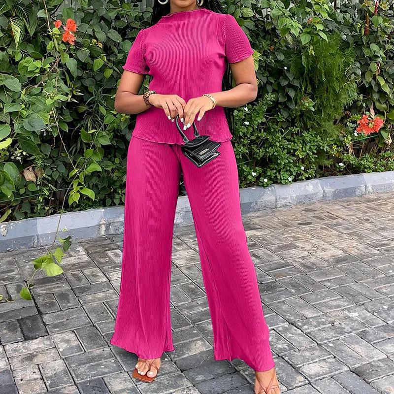 

Elegant Short Sleeve Office Loose Outfits Women Fashion O-Neck Tops+Wide Leg Pants Set Fashion Casual Solid Color Two Pieces Set