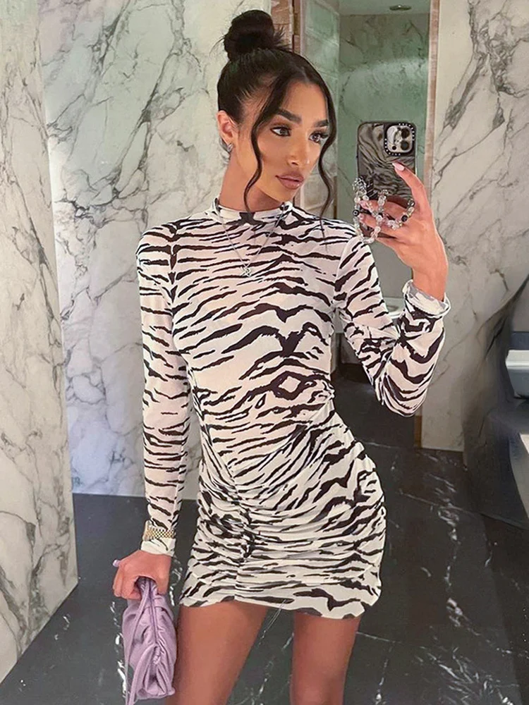 

Women 2022 Autumn Long Sleeve Bodycon Short Dress Streetwear Sexy See-through Tunics Zebra-stripe Print Mesh Nightclub Dresses