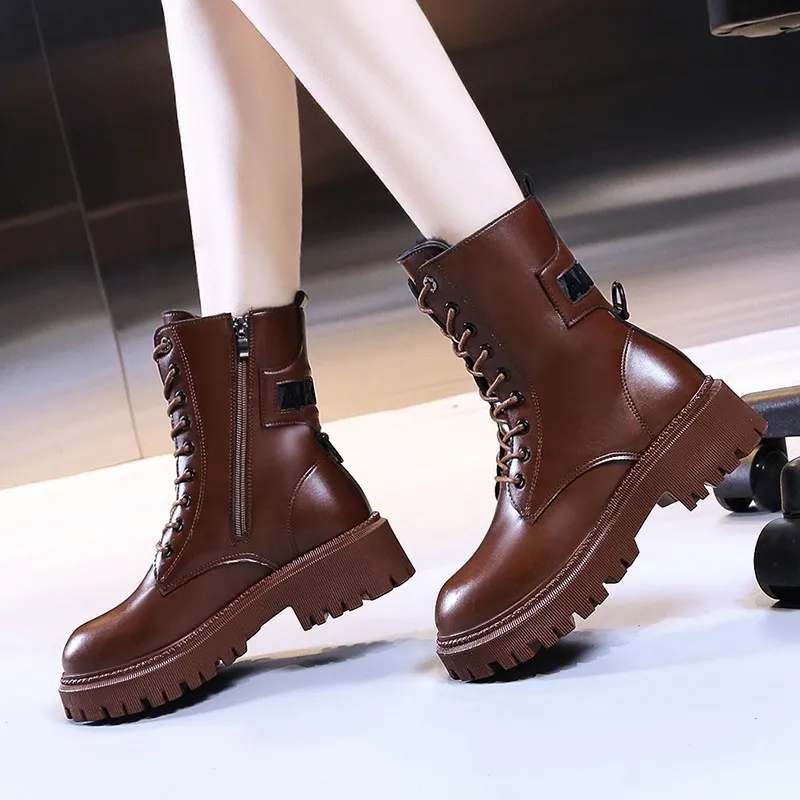 

Ladies Platform Riding Boots 2021 Fall New Ladies Plus Velvet Round Toe Side Zipper Motorcycle Boots Women's Short Boots