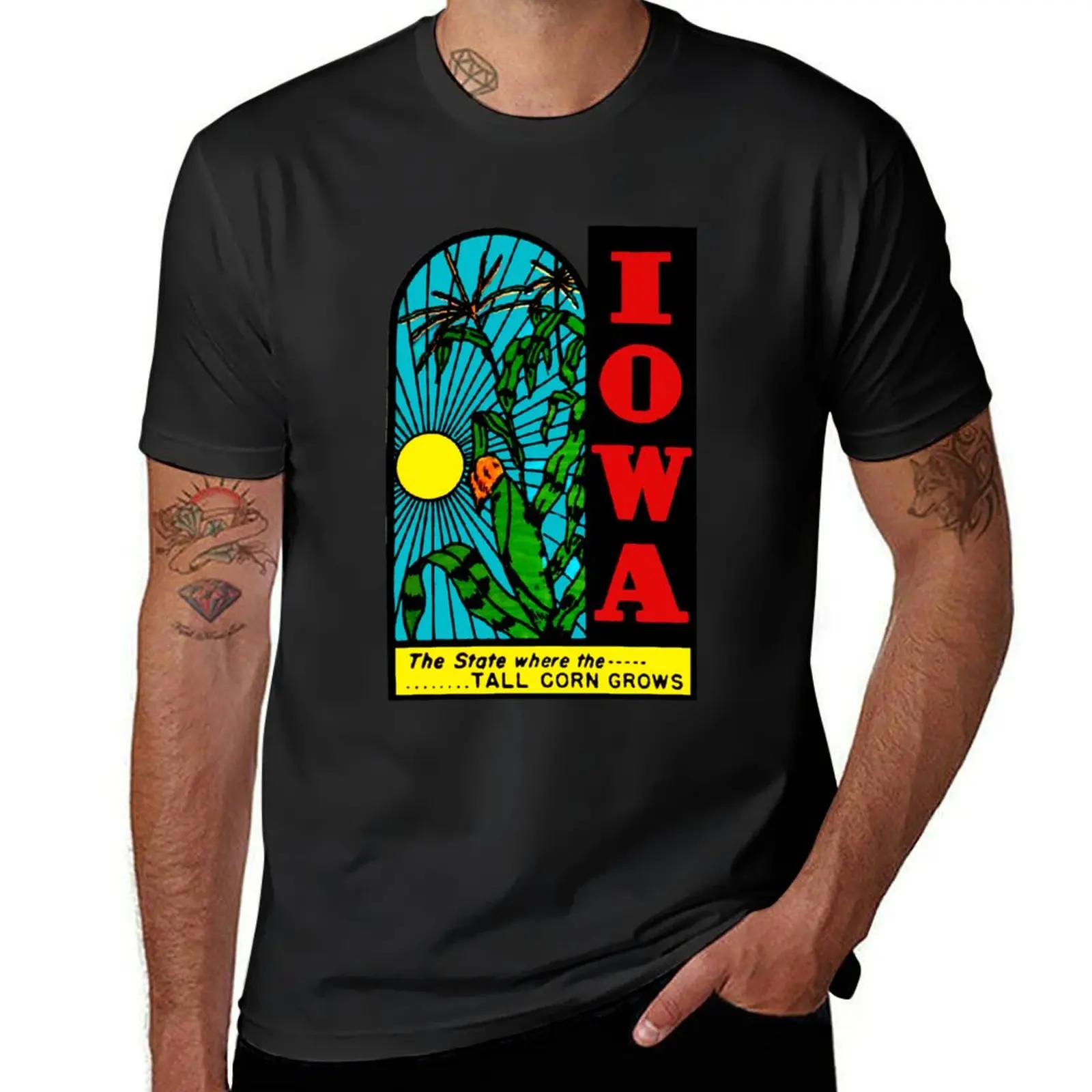Футболка мужская черная с переводной картинкой из штата Айова и кукурузы