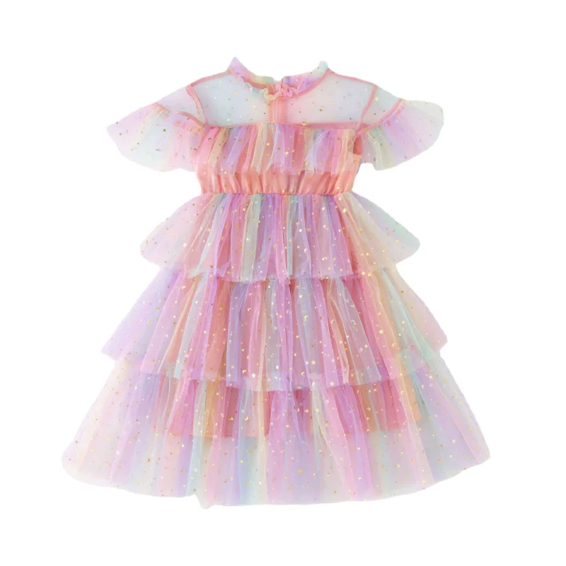 Платье для девочек с блестками и звездами Радужное Сетчатое Модное детское