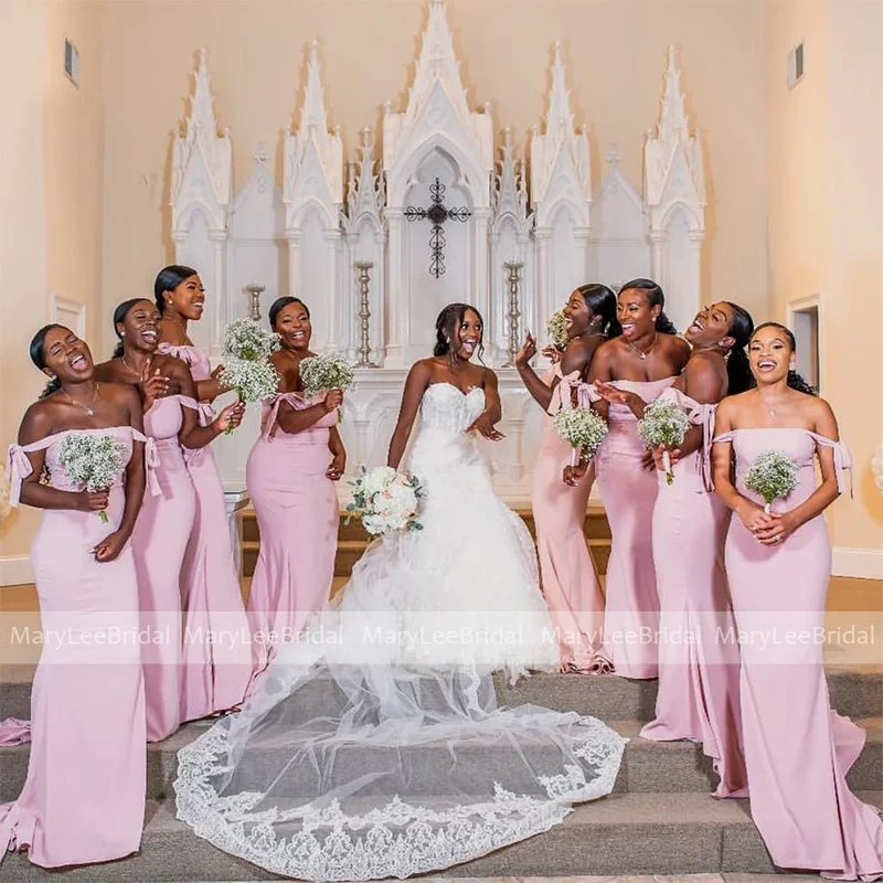 

African Women Pink Mermaid Bridesmaid Dresses with Bow Tie Shoulders Crepe Long Wedding Guest Dress Customize Maid of Honor Gown