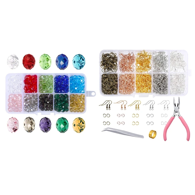 

300 Pcs Glass Beads, 8Mm 10 Color Faceted Beads Crystal Beads & 1128 Pieces Earring Making Supplies Kit