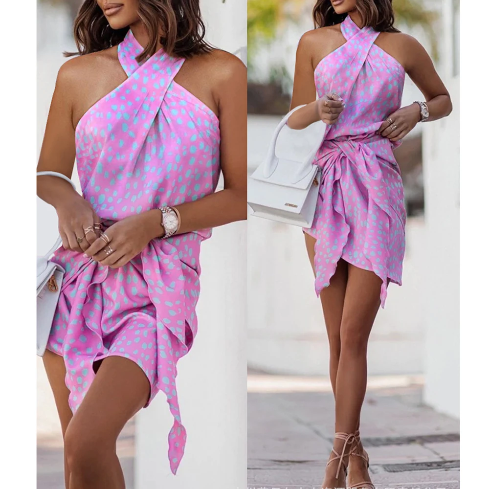 

Women Summer Print Fashion Long Sleeve One Shoulder Tied Detail Dress Vestidos Mujer Casual Sexy Irregular Woman Mini Dresses