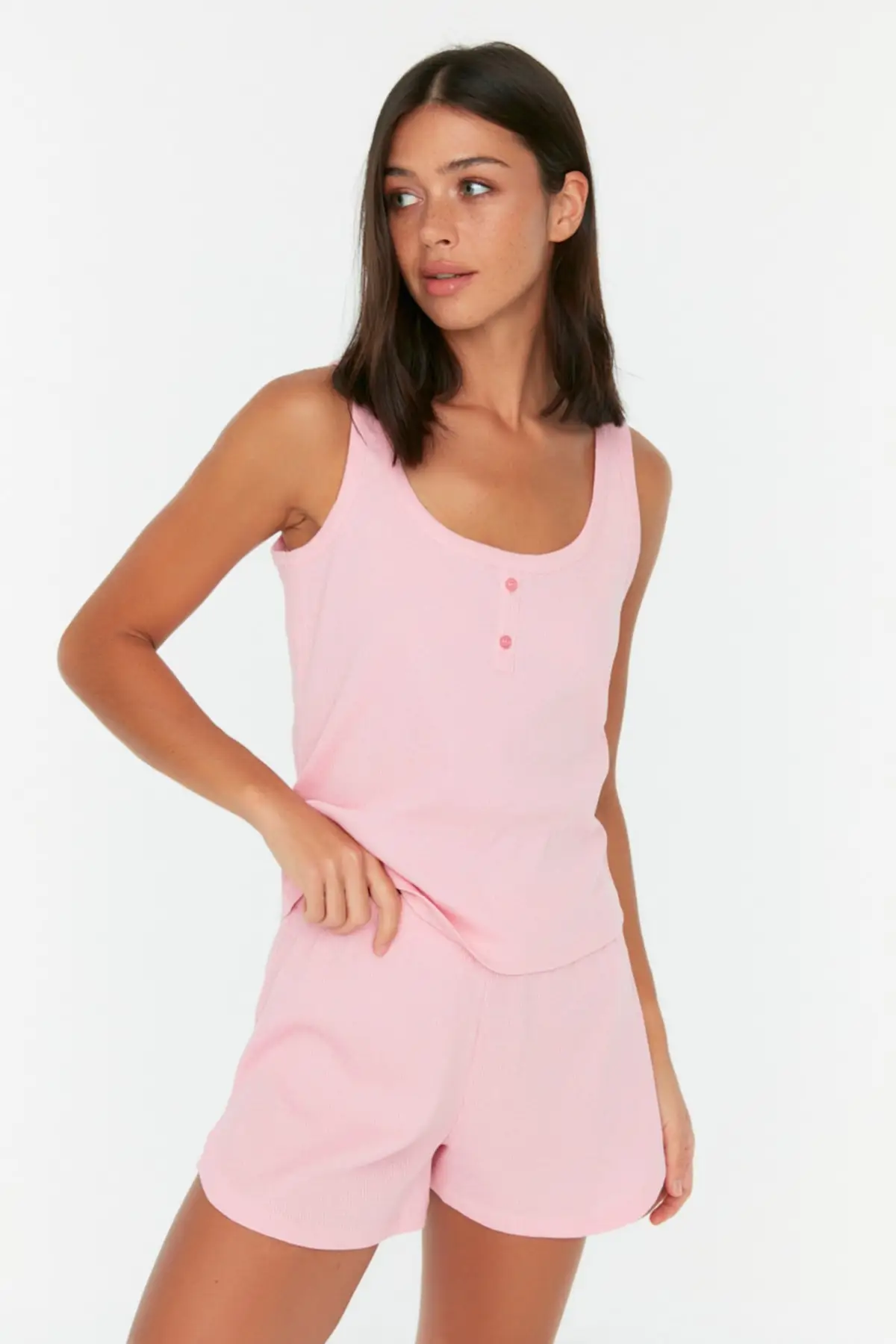 

Women's Pajamas Powder Button Detailed Camisole Knitted Sleep Lounge Pajamas nightgown Suit