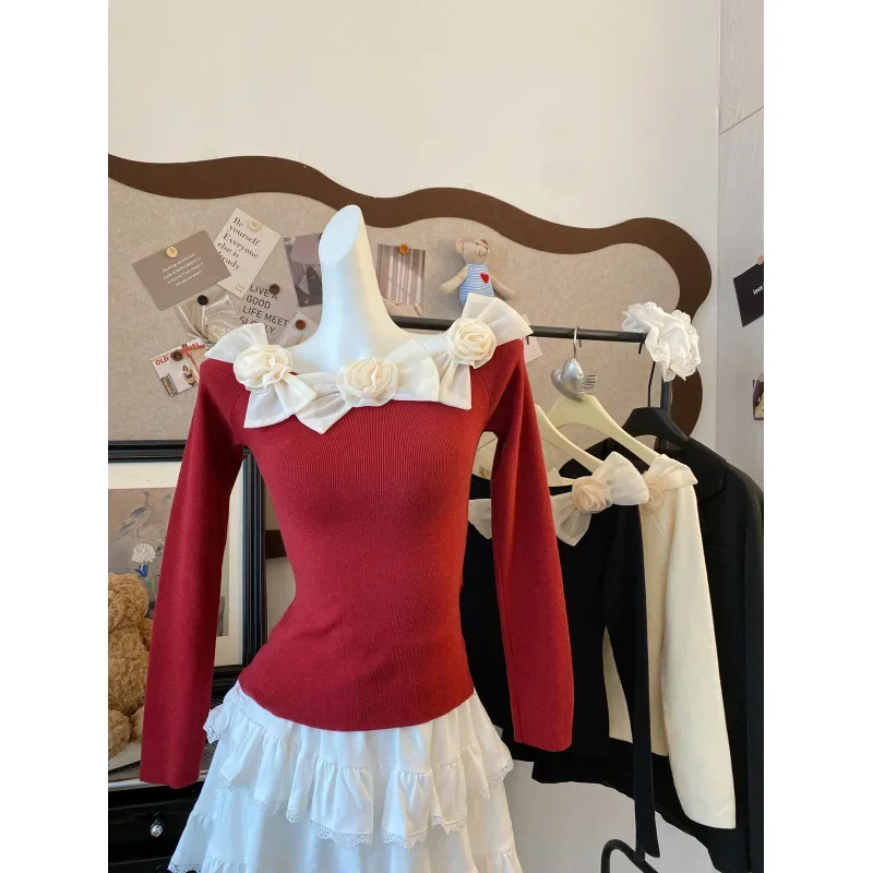 Вязаный топ Sweetslims свитер с открытыми плечами и бантом гладкий силуэт инструмент