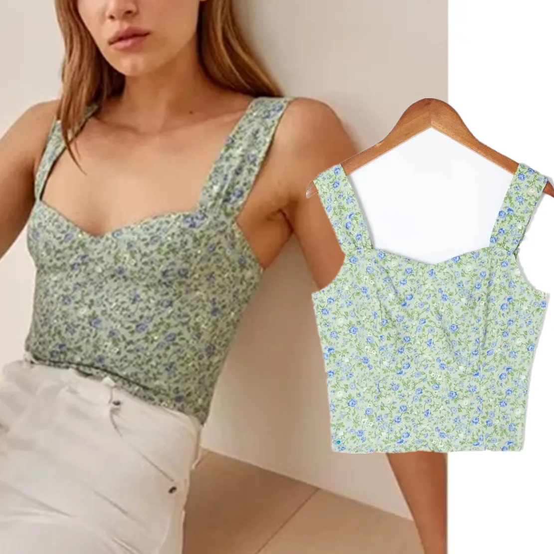 

Jenny&Dave 2022 Ins Blogger Vintage Green Floral Print Sexy Tank Tops Fashion Summer Tshirts Women Camisole