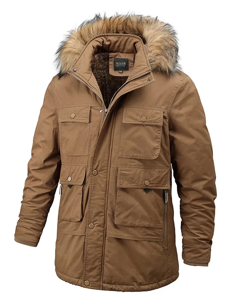 Winter Jacket Men Fur Collar Hooded Coat Thickening Casual Cotton Jackets Plus Velvet Parkas Long Windproof Overcoat Ropa Hombre