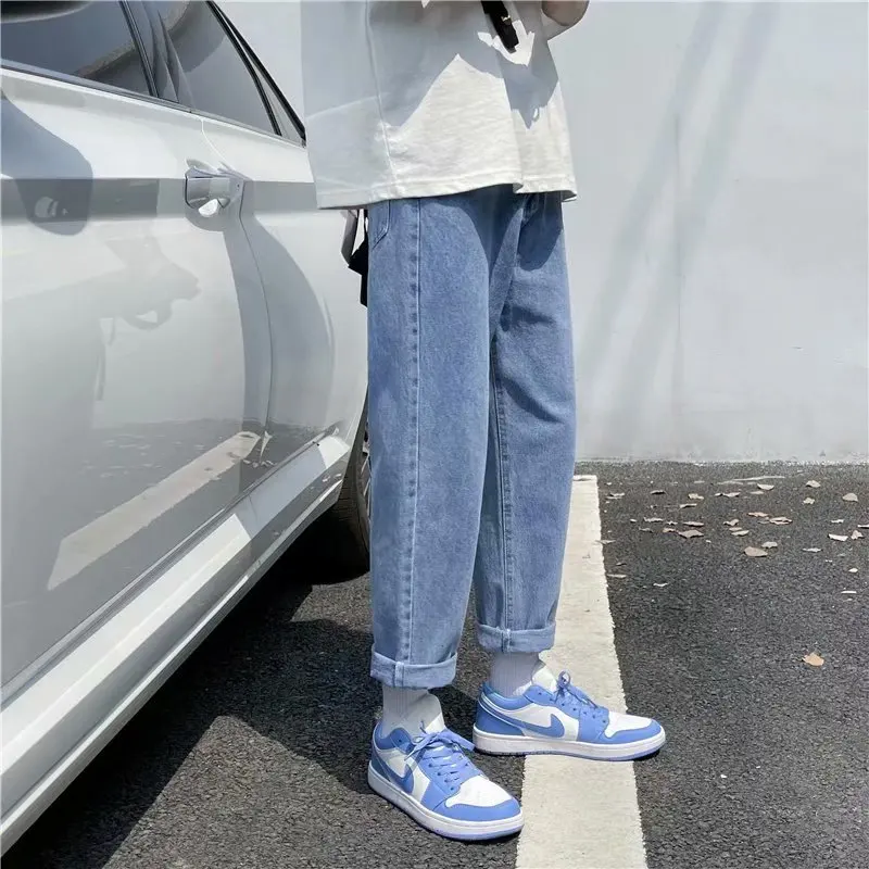 

Summer Light Blue Loose Straight Jeans Men's Retro Simple Solid Color Trend All-match Wide-leg Casual Pants